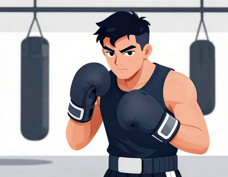 Intensely Focused Boxer in Alert Stance with Tensed Muscles and Piercing Eyes, Manifesting Determination and Readiness for Action