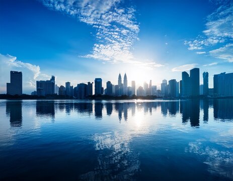 blue city skyline silhouette with reflection on water
