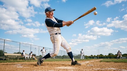 Obraz premium Elderly man in baseball uniform swings bat at ball on sunny day with clouds