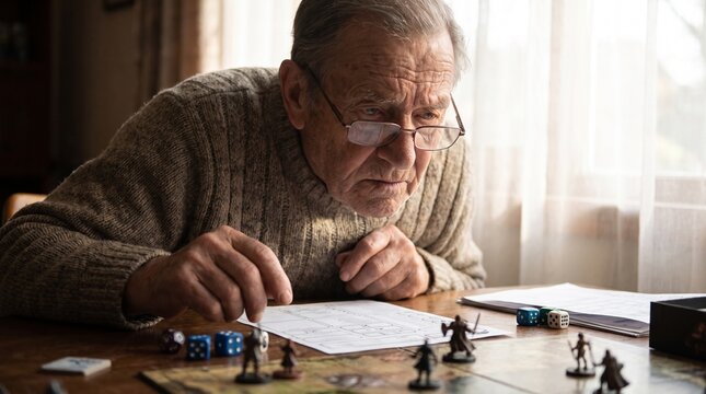 Elderly man playing a tabletop role playing game with miniatures and dice