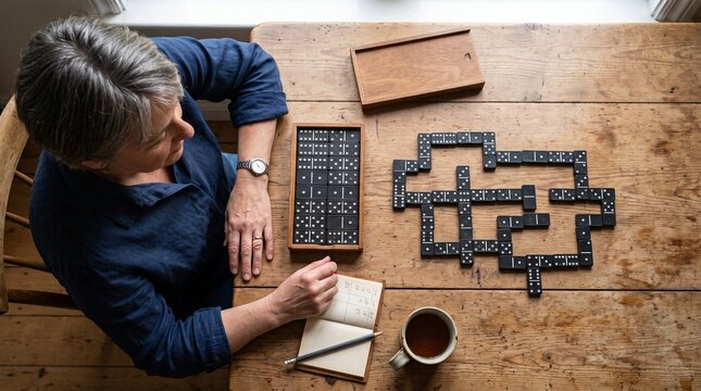 Woman playing dominoes and writing scores in a notebook with a cup of tea on a wooden table