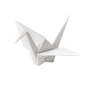 Delicate white paper origami crane isolated on a transparent background