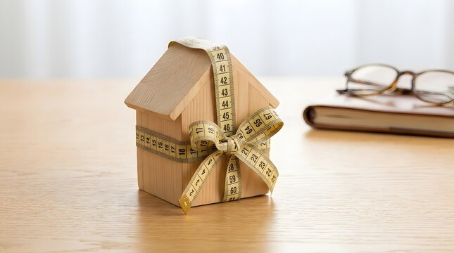 A small wooden house model wrapped in a measuring tape ribbon sits on a clean wooden office desk.
