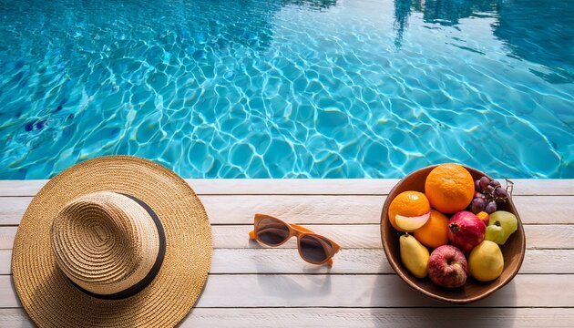 a poolside scene with a hat sunglasses and fruit on the table