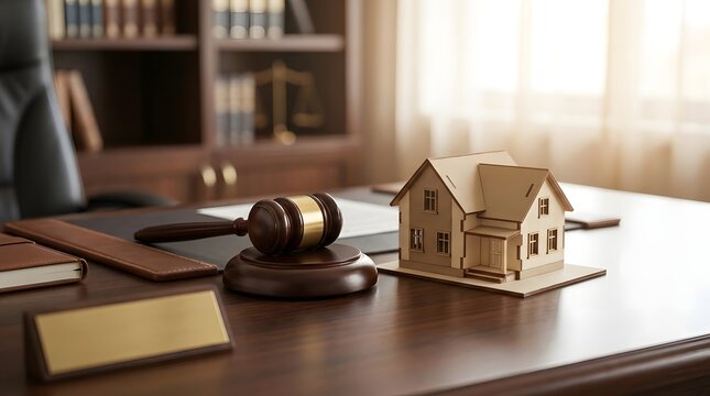 A wooden gavel and a miniature house model on a desk with a nameplate in a professional office.