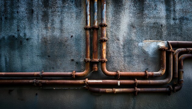 rustic industrial concrete wall with aged metal pipes and rust accents