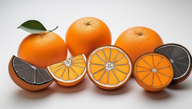 colorful and black outline of whole halved and sliced oranges on white background