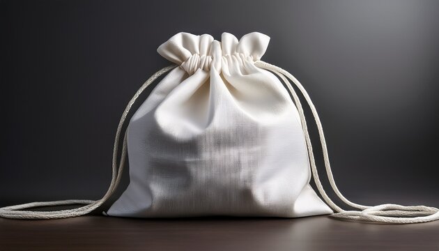 a plump white fabric drawstring bag tied with a simple cord