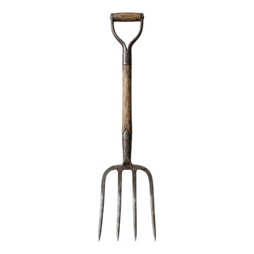Vintage garden pitchfork with wooden handle isolated on white background