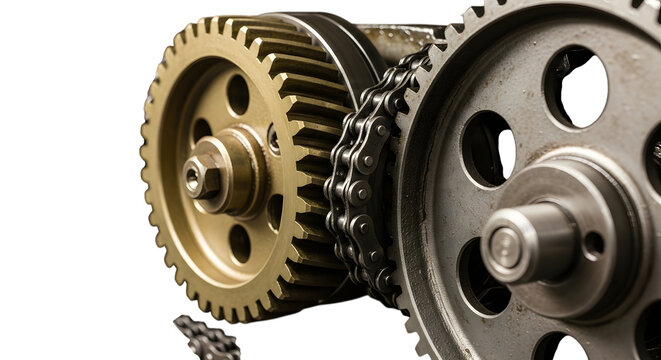 Closeup of a mechanical chain and gears working together in a machine