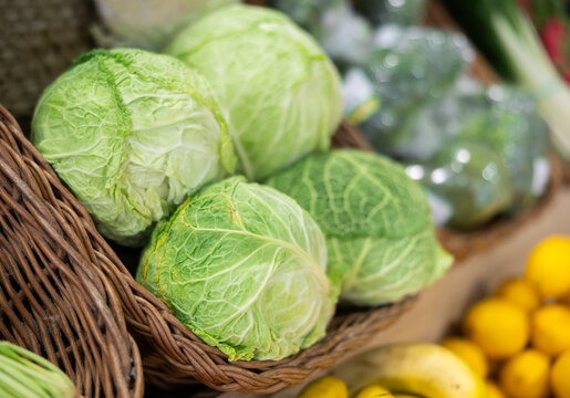 Green cabbages in supermarket, Cabbage background, Fresh cabbage from farm field, Cabbages harvest, Green cabbage for sale at farmer s market stall, heap cabbage