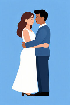 Joyful Wedding Couple Embracing Tenderly Against a Soft Blue Backdrop, Radiating Love and Connection in an Intimate Moment