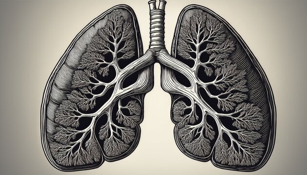 detailed anatomical lungs with bronchial tree in vintage engraving style