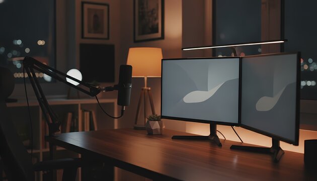 Modern home office setup with dual monitors, professional microphone on a boom arm, and warm ambient lighting in a cozy room