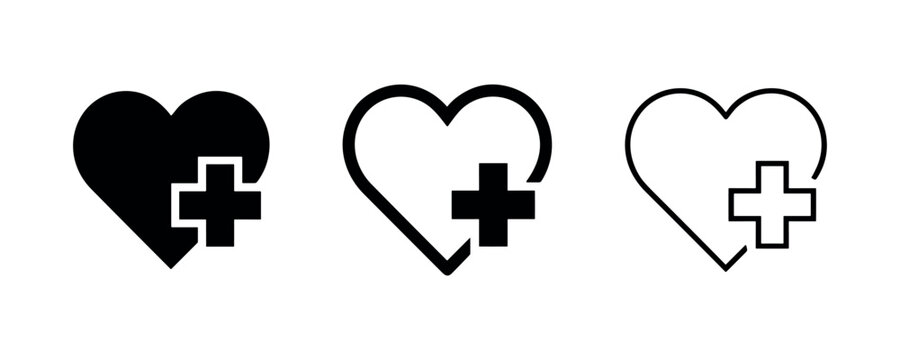 Health care and medical cross symbol icon. Add new favorite heart icon illustration in solid, bold and thin outline styles.
