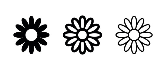 Naklejka premium Classic daisy flower icon set, illustrating nature, innocence, and simplicity in solid, outline, and line art versions.