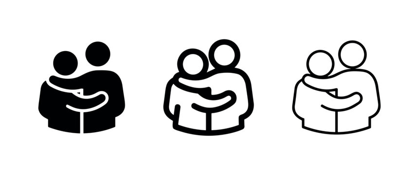 Two people hugging icon set, representing friendship, partnership, love, and empathy in different visual styles.