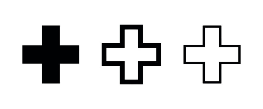 Plus sign icon set, symbolizing addition, medical care, or positive indication in multiple visual styles.