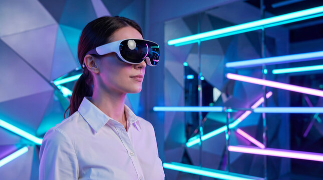 Woman wearing futuristic mixed reality smart glasses in neon technology environment with copy space.