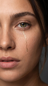 Close up portrait of woman with golden tear running down her cheek, conceptual image of sadness, grief, emotional pain, vulnerability, heartbreak, healing and human resilience.