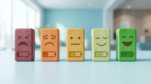 Colorful wooden emotion blocks with battery levels progressing from exhausted red to happy green, concept of energy recovery, burnout prevention, motivation and emotional recharge.