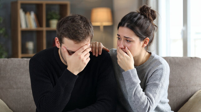 Distressed young couple comforting each other while sitting on sofa at home, representing grief, emotional crisis, relationship support, sadness and coping together.