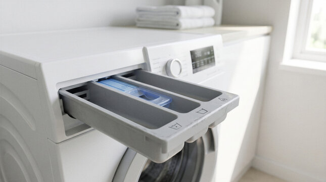 Open detergent dispenser drawer on modern front loading washing machine in bright laundry room, household cleaning appliance and domestic laundry.