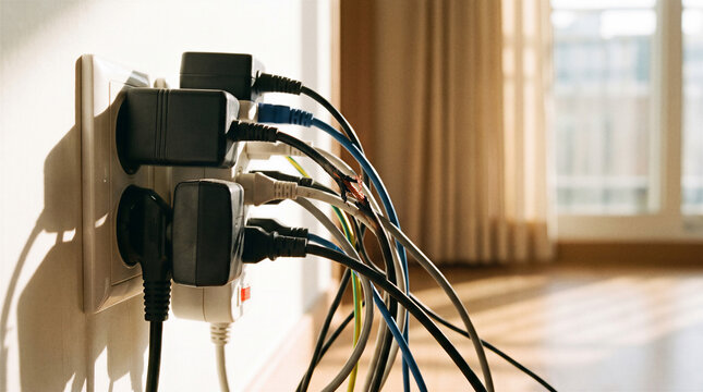 Overloaded electrical wall outlets with multiple power adapters and damaged exposed cable, representing unsafe wiring, overheating, fire risk and household electrical hazard.
