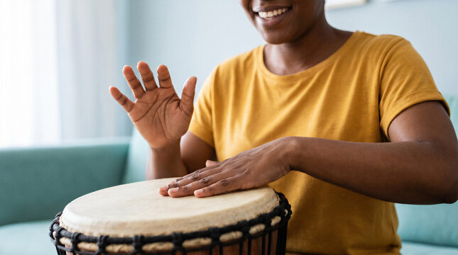 Smiling African man playing djembe hand drum indoors, close up of percussion performance, rhythm, music, creativity and traditional cultural entertainment.