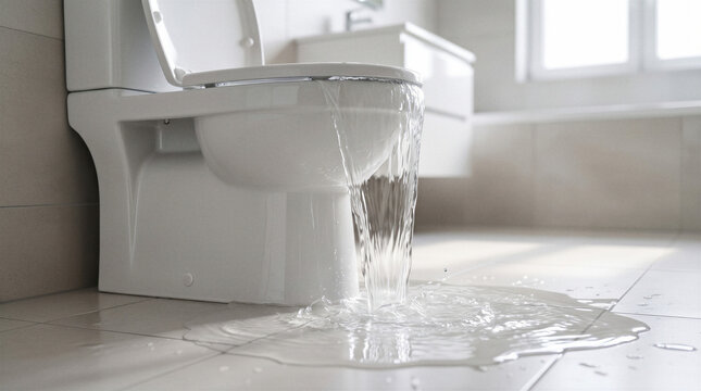 Overflowing toilet flooding bathroom floor with water, emergency plumbing problem, clogged drain, property damage.