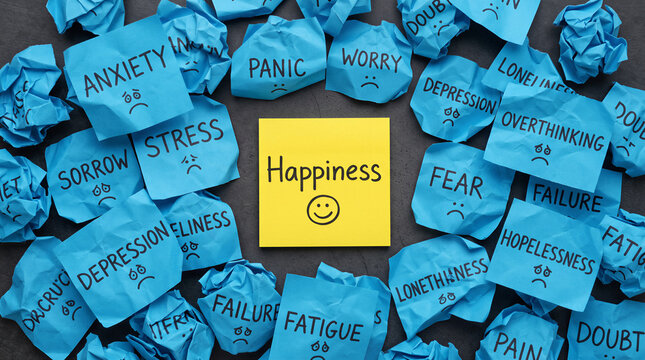 Happiness surrounded by anxiety, stress, depression and negative emotions on sticky notes, mental health, positive mindset and emotional wellness concept.