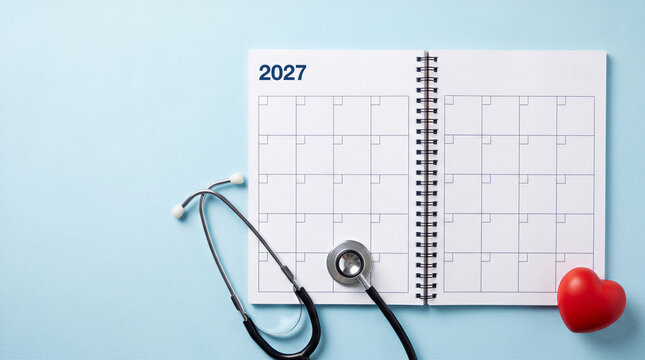 2027 healthcare planning calendar with stethoscope and red heart on blue background for medical appointments and annual health checkup.