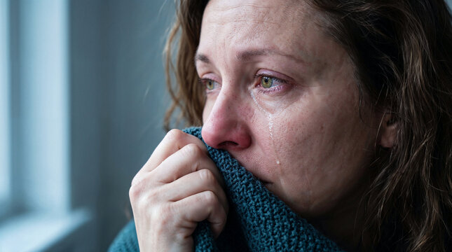 Close up of crying woman with tears wrapped in blanket by window, emotional distress, sadness, grief, loneliness and mental health representation.