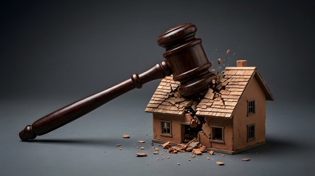 A wooden judge gavel strikes and breaks a miniature wooden house model on a dark gray background.