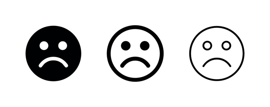 Sad face frowny icon set representing negative emotion, dissatisfaction, feedback, and bad mood.