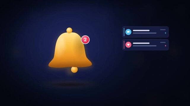 Golden 3D Notification Bell Ringing With Red Alert Badge Counter and Message Cards Sliding In