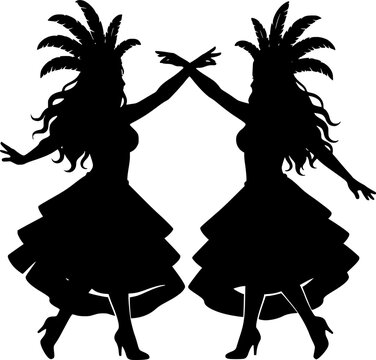 Black silhouettes of two cabaret showgirls in feathered headdresses and tiered dresses - design for carnival party invitations, dance studio posters, and retro theater flyers. Transparent EPS version.