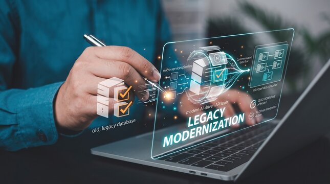 Business professional engages with a futuristic holographic display, illustrating the concept of legacy system modernization and digital transformation