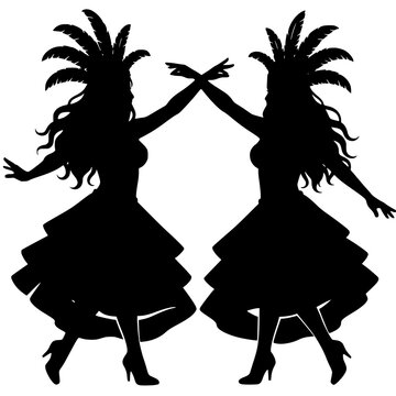 Black silhouettes of two cabaret showgirls in feathered headdresses and tiered dresses - design for carnival party invitations, dance studio posters, and retro theater flyers. JPEG version.