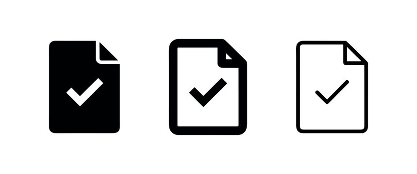 Document with checkmark icons in solid, bold outline, and thin outline styles, symbolizing approved files or successful completion.