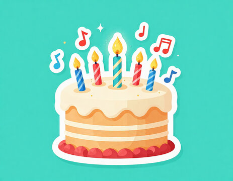 Whimsical Birthday Cake with Colorful Candles and Musical Notes, Evoking Joy and Celebration in Festive Atmosphere