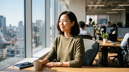 Fototapeta premium A woman sits at her office desk looking out a window with a smile. She takes a mindful break from work to prevent burnout and find balance. Ideal for mental health and workplace wellness content.