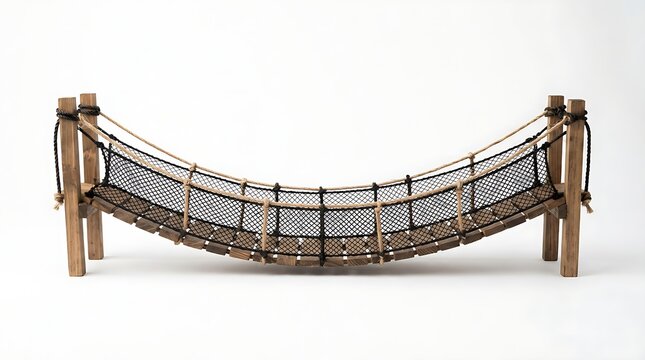 A small wooden rope bridge with black mesh net sides for a children playground in a park setting for outdoor play
