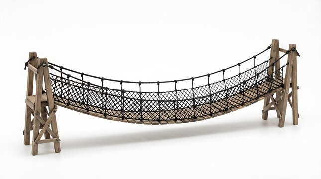 A small wooden rope bridge with net sides for crossing over a gap shown as an isolated miniature toy model