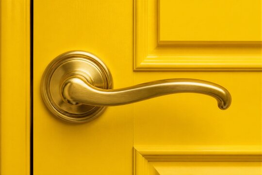 Brass door handle mounted on painted yellow wooden door