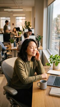 A professional woman closes her eyes to meditate during a work break. Warm sunlight contrasts with the corporate setting. Ideal for mental health awareness and workplace wellness content.