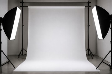 Naklejka premium Empty backdrop set with studio lights and support stands in room