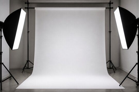Empty backdrop set with studio lights and support stands in room
