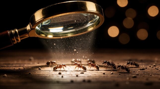 Macro view of ants on wood surface under magnifying glass. Tiny insects are examined, dust particles fly in air. Scientific research or pest control concept.