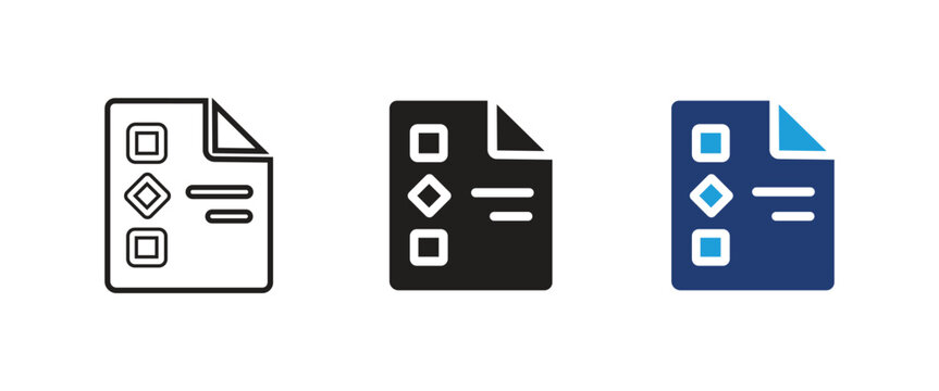 survey document icon, checklist test symbol, exam paper sign, questionnaire form vector, specification report design, ui set